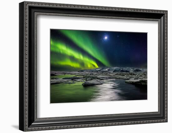 Moon and Aurora Borealis, Northern Lights with the Moon Illuminating the Skies and Icebergs-null-Framed Premium Photographic Print