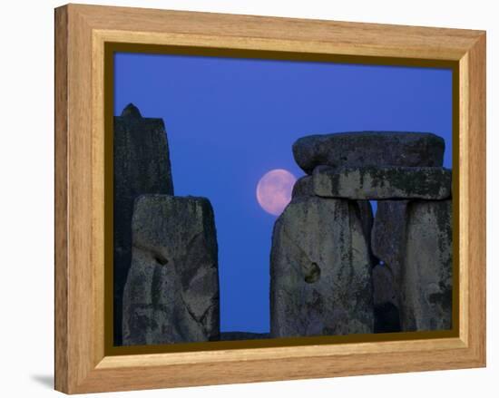 Moon Behind Stonehenge, UNESCO World Heritage Site, Wiltshire, England, United Kingdom, Europe-Charles Bowman-Framed Premier Image Canvas