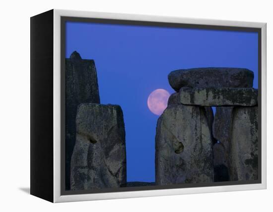 Moon Behind Stonehenge, UNESCO World Heritage Site, Wiltshire, England, United Kingdom, Europe-Charles Bowman-Framed Premier Image Canvas