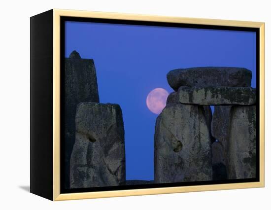 Moon Behind Stonehenge, UNESCO World Heritage Site, Wiltshire, England, United Kingdom, Europe-Charles Bowman-Framed Premier Image Canvas