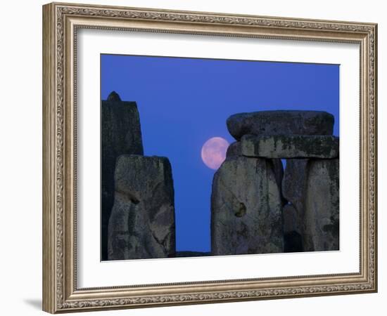 Moon Behind Stonehenge, UNESCO World Heritage Site, Wiltshire, England, United Kingdom, Europe-Charles Bowman-Framed Photographic Print