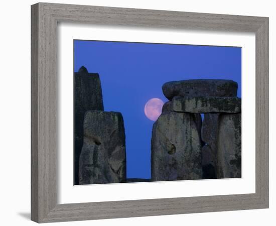 Moon Behind Stonehenge, UNESCO World Heritage Site, Wiltshire, England, United Kingdom, Europe-Charles Bowman-Framed Photographic Print