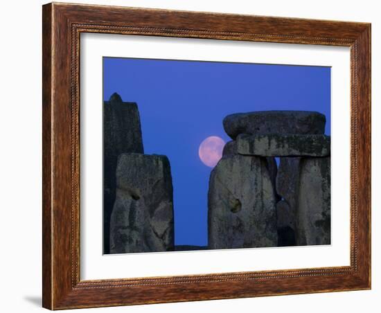 Moon Behind Stonehenge, UNESCO World Heritage Site, Wiltshire, England, United Kingdom, Europe-Charles Bowman-Framed Photographic Print