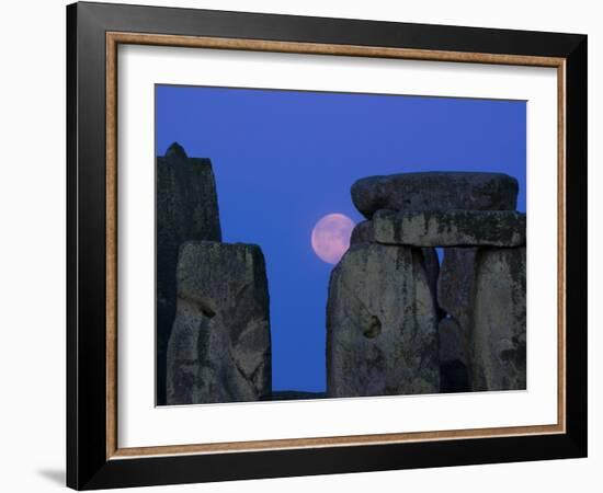 Moon Behind Stonehenge, UNESCO World Heritage Site, Wiltshire, England, United Kingdom, Europe-Charles Bowman-Framed Photographic Print