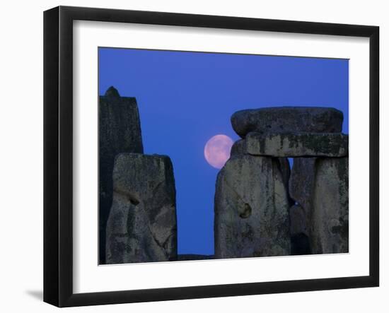 Moon Behind Stonehenge, UNESCO World Heritage Site, Wiltshire, England, United Kingdom, Europe-Charles Bowman-Framed Photographic Print