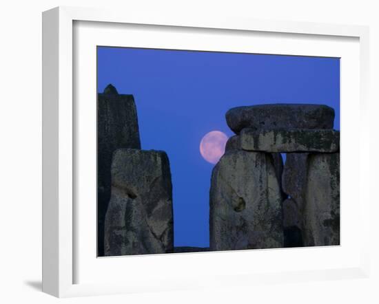 Moon Behind Stonehenge, UNESCO World Heritage Site, Wiltshire, England, United Kingdom, Europe-Charles Bowman-Framed Photographic Print