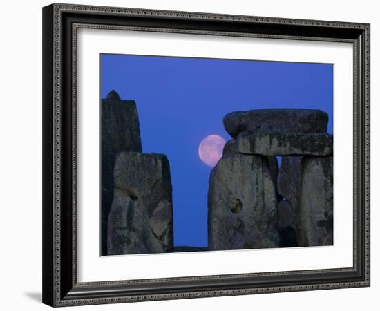 Moon Behind Stonehenge, UNESCO World Heritage Site, Wiltshire, England, United Kingdom, Europe-Charles Bowman-Framed Photographic Print