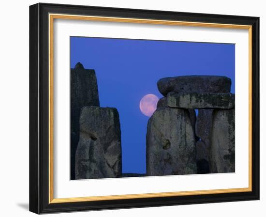 Moon Behind Stonehenge, UNESCO World Heritage Site, Wiltshire, England, United Kingdom, Europe-Charles Bowman-Framed Photographic Print