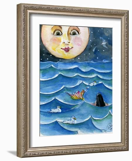 Moon Face Mermaid in The Sea-sylvia pimental-Framed Art Print