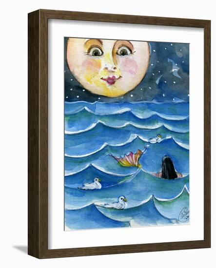 Moon Face Mermaid in The Sea-sylvia pimental-Framed Art Print