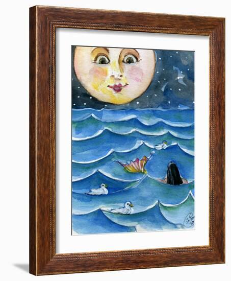 Moon Face Mermaid in The Sea-sylvia pimental-Framed Art Print