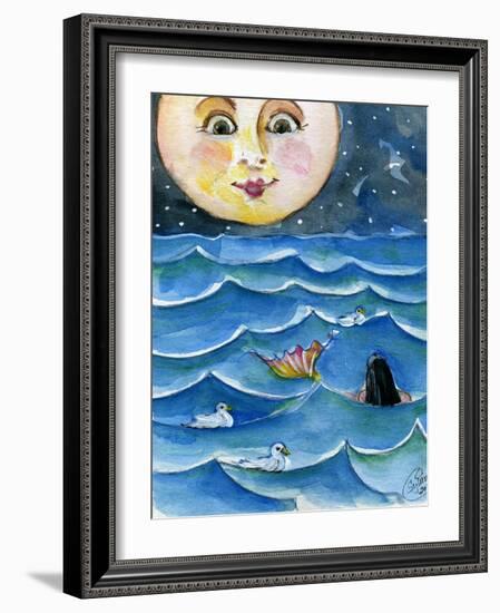 Moon Face Mermaid in The Sea-sylvia pimental-Framed Art Print