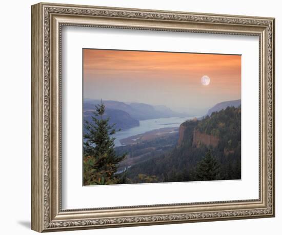 Moon Hangs Over the Vista House, Crown Point, Columbia river Gorge, Oregon, USA-Janis Miglavs-Framed Photographic Print