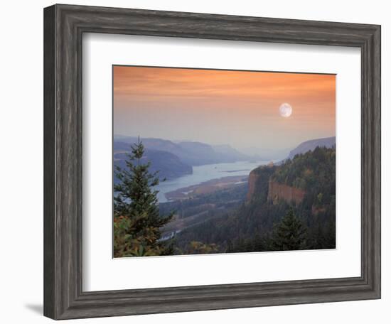 Moon Hangs Over the Vista House, Crown Point, Columbia river Gorge, Oregon, USA-Janis Miglavs-Framed Photographic Print