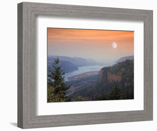 Moon Hangs Over the Vista House, Crown Point, Columbia river Gorge, Oregon, USA-Janis Miglavs-Framed Photographic Print
