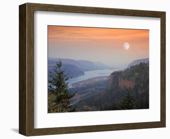 Moon Hangs Over the Vista House, Crown Point, Columbia river Gorge, Oregon, USA-Janis Miglavs-Framed Photographic Print