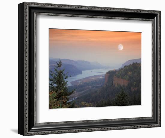 Moon Hangs Over the Vista House, Crown Point, Columbia river Gorge, Oregon, USA-Janis Miglavs-Framed Photographic Print