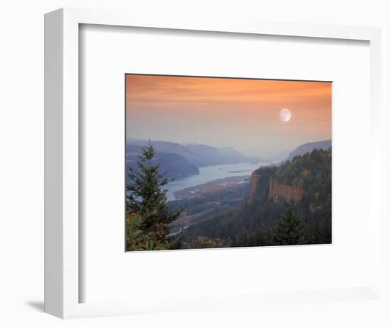 Moon Hangs Over the Vista House, Crown Point, Columbia river Gorge, Oregon, USA-Janis Miglavs-Framed Photographic Print