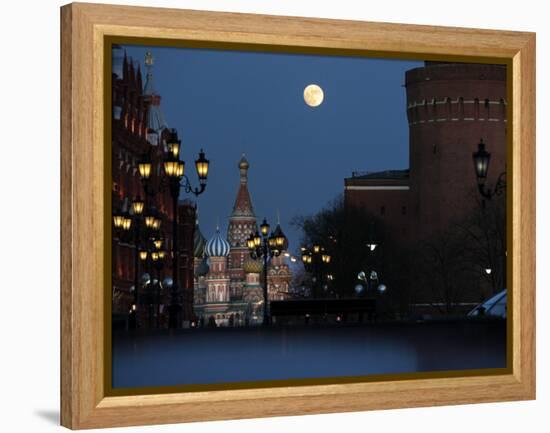 Moon is Seen over the Red Square in Moscow with the St. Basil Cathedral in the Background-null-Framed Premier Image Canvas