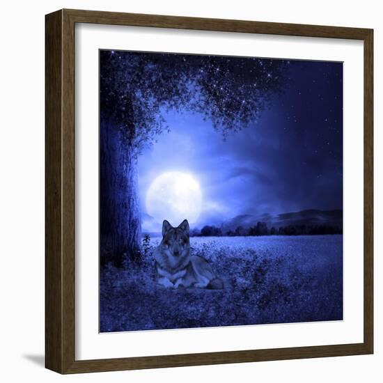 Moon Night And Wolf-Ata Alishahi-Framed Giclee Print