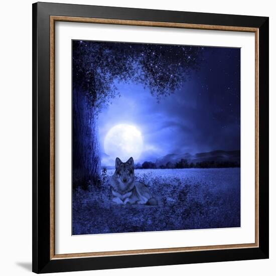 Moon Night And Wolf-Ata Alishahi-Framed Giclee Print