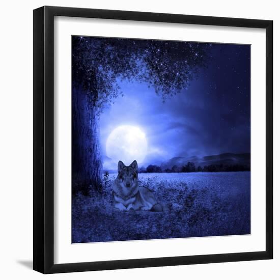 Moon Night And Wolf-Ata Alishahi-Framed Giclee Print