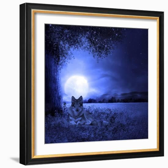 Moon Night And Wolf-Ata Alishahi-Framed Giclee Print