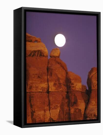 Moon over Orange Striated Rock Structures in Canyonlands National Park, Utah-John Loengard-Framed Premier Image Canvas