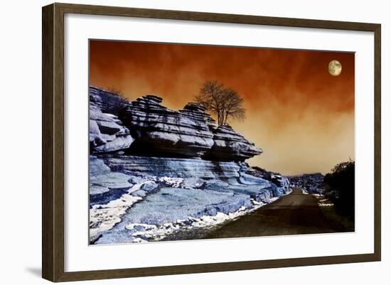 Moon over Road across El Torcal, Antequera, Malaga Province, Andalucia, Spain-null-Framed Photographic Print