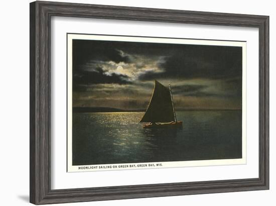 Moon over Sailboat on Green Bay, Wisconsin-null-Framed Art Print