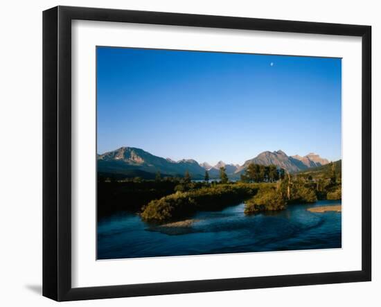 Moon over St. Mary River and Mountains,Glacier National Park, Montana, USA-John Reddy-Framed Photographic Print