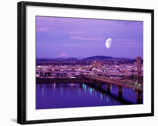 Moon Over the City with Mt Hood in the Background, Portland, Oregon, USA-Janis Miglavs-Framed Photographic Print