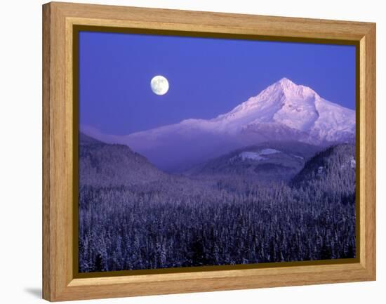 Moon Rises Over Mt. Hood, Oregon Cascades, USA-Janis Miglavs-Framed Premier Image Canvas