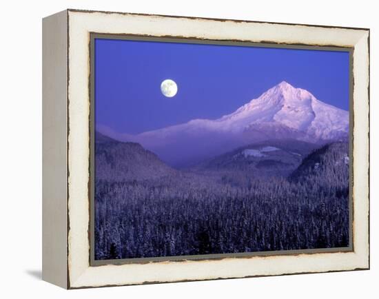 Moon Rises Over Mt. Hood, Oregon Cascades, USA-Janis Miglavs-Framed Premier Image Canvas