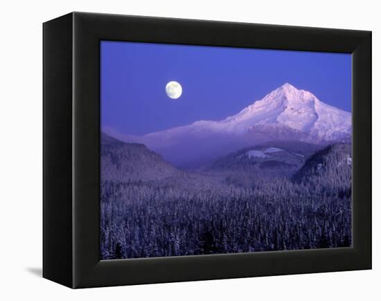 Moon Rises Over Mt. Hood, Oregon Cascades, USA-Janis Miglavs-Framed Premier Image Canvas