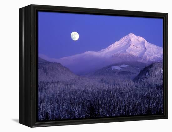 Moon Rises Over Mt. Hood, Oregon Cascades, USA-Janis Miglavs-Framed Premier Image Canvas