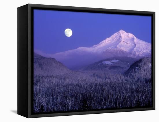 Moon Rises Over Mt. Hood, Oregon Cascades, USA-Janis Miglavs-Framed Premier Image Canvas