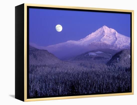 Moon Rises Over Mt. Hood, Oregon Cascades, USA-Janis Miglavs-Framed Premier Image Canvas