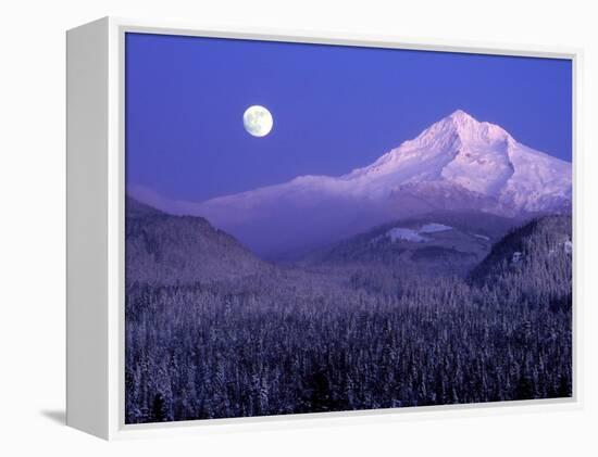 Moon Rises Over Mt. Hood, Oregon Cascades, USA-Janis Miglavs-Framed Premier Image Canvas