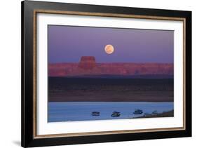 Moon Rising over Tower Butte. Arizona, Lake Powell and Houseboats-David Wall-Framed Photographic Print