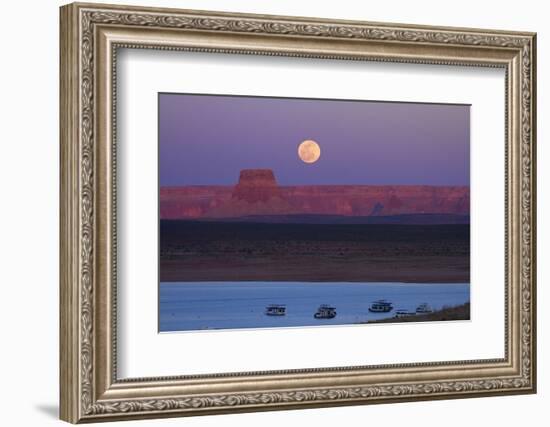 Moon Rising over Tower Butte. Arizona, Lake Powell and Houseboats-David Wall-Framed Photographic Print