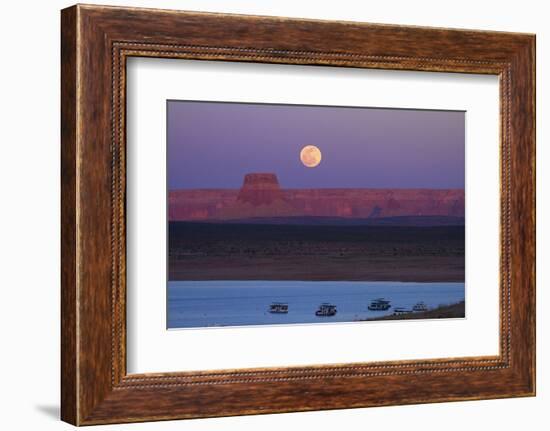 Moon Rising over Tower Butte. Arizona, Lake Powell and Houseboats-David Wall-Framed Photographic Print