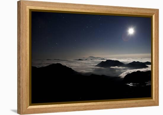 Moon Sand Stars Shine Above Low Lying Clouds on Mount Rainier National Park-Dan Holz-Framed Premier Image Canvas
