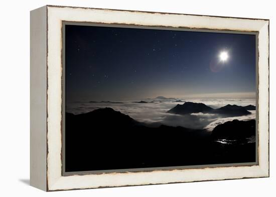 Moon Sand Stars Shine Above Low Lying Clouds on Mount Rainier National Park-Dan Holz-Framed Premier Image Canvas