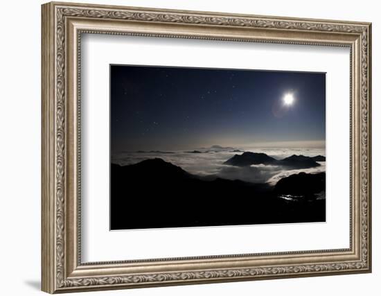 Moon Sand Stars Shine Above Low Lying Clouds on Mount Rainier National Park-Dan Holz-Framed Photographic Print
