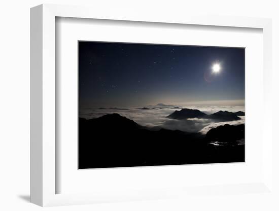 Moon Sand Stars Shine Above Low Lying Clouds on Mount Rainier National Park-Dan Holz-Framed Photographic Print