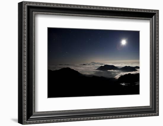 Moon Sand Stars Shine Above Low Lying Clouds on Mount Rainier National Park-Dan Holz-Framed Photographic Print