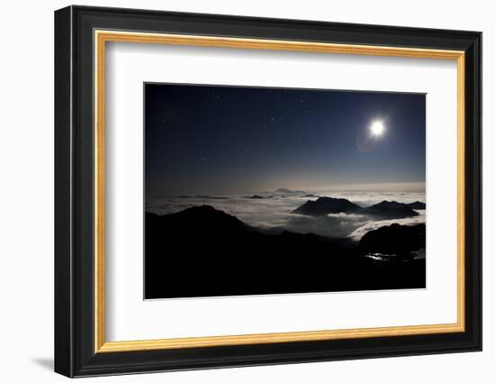 Moon Sand Stars Shine Above Low Lying Clouds on Mount Rainier National Park-Dan Holz-Framed Photographic Print