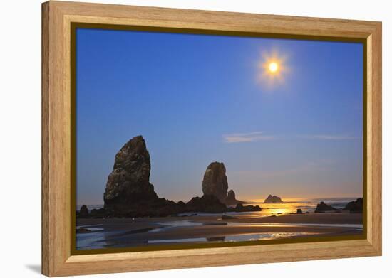 Moon Set over Neadles, Canon Beach, Oregon Coast, Pacific Northwest-Craig Tuttle-Framed Premier Image Canvas