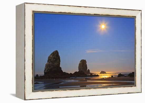 Moon Set over Neadles, Canon Beach, Oregon Coast, Pacific Northwest-Craig Tuttle-Framed Premier Image Canvas